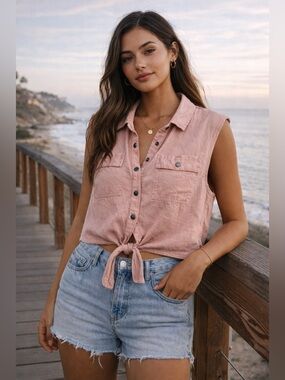 RVCA Dusty Pink Sleeveless Tie-Front Utility Crop Top Snap Button Shirt